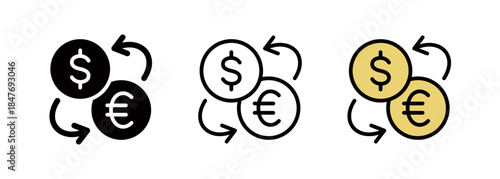 Money icons for dollar and euro fund transfers, coin icons representing exchange rates