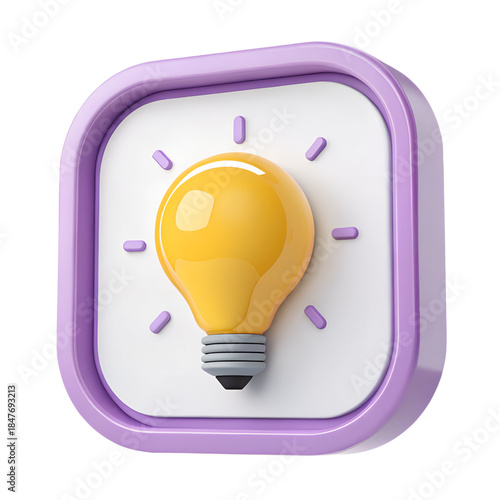 3D glowing yellow light bulb icon in purple frame representing creative idea innovation and inspiration