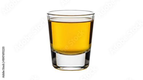 Isolated tumbler of amber liquid ready to drink, single shot glass, golden color drink