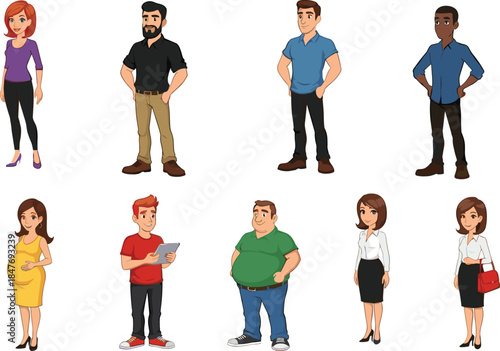 Set of diverse cartoon young adults in thoughtful and questioning poses with question marks, symbolizing problem solving, confusion, searching for ideas, planning, and uncertainty illustration.