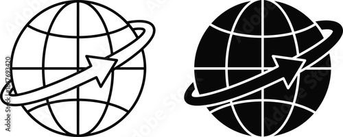 Abstract set of global network icons featuring grid earth globes with orbiting arrows, flat vector illustrations for worldwide logistics and communication connectivity