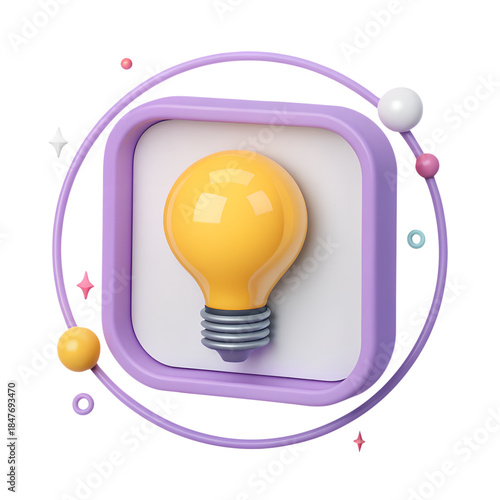 3D light bulb icon with orbit elements and purple frame symbolizing innovation creativity and bright ideas