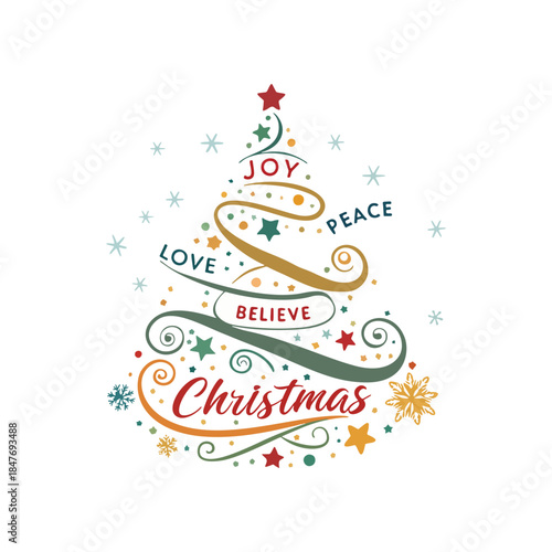 Joy Love Peace Believe Christmas Tree Typography