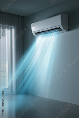 Modern air conditioner on clean wall in minimalist living space, soft blue light rays depicting cool air