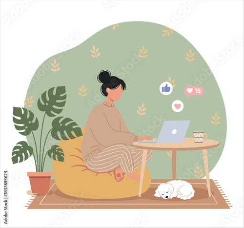 Cozy Work From Home Woman Freelancing With Laptop Flat Illustration