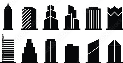 Black silhouette collection of modern skyscraper icons and urban building shapes, minimalist city skyline architecture symbols for real estate and construction design