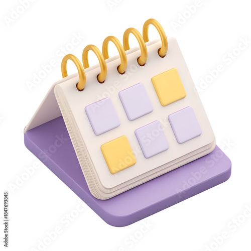 3D spiral desk calendar with yellow and purple square blocks on lavender base for planning visuals