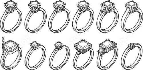 Collection of diamond engagement ring sketches, featuring various gemstone cuts and luxury jewelry designs for marriage proposals, weddings, and high-end fashion accessories