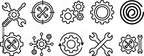 Collection of industrial repair and maintenance icons featuring gears, wrenches, screwdrivers, and technical settings symbols for engineering, mechanical workshops, and system optimization management
