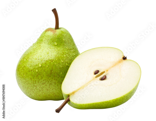 Whole Green D'Anjou Pear and Perfect Symmetrical Halves, Freshly Washed, isolated on transparent background