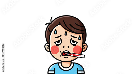 Sick Child Feeling Unwell with Thermometer in Mouth Flu Symptoms Fever and Sickness Illustration