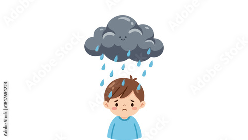 Sad Boy Under Gloomy Rainy Cloud Symbol of Sadness Depression and Bad Weather