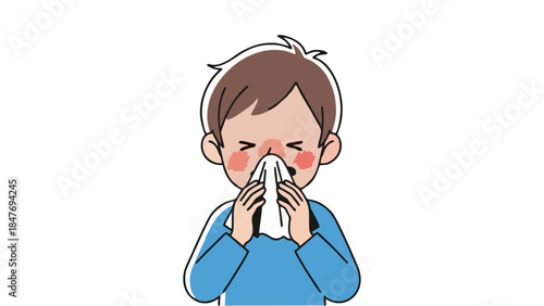 Cute Cartoon Boy Blowing His Nose with a Tissue Suffering from Cold or Allergy Symptoms