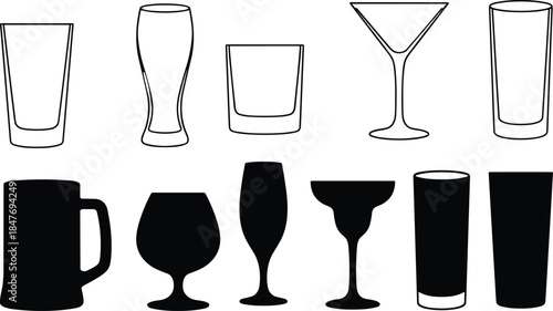 Collection of glassware icons and silhouettes including beer mugs, wine glasses, martini stems, and tumblers, flat vector illustrations for bar and restaurant menus