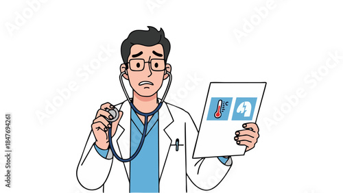 Worried Doctor Holding Stethoscope and Medical Report with Fever and Lungs Scan Healthcare Crisis Concept