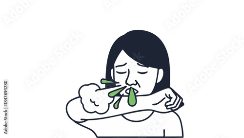 Woman Sneezing Into Elbow to Prevent Germ Spread Cartoon Illustration