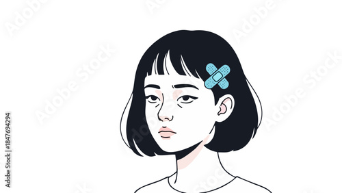Sad Young Woman with Band Aid on Forehead Mental Health Awareness Illustration