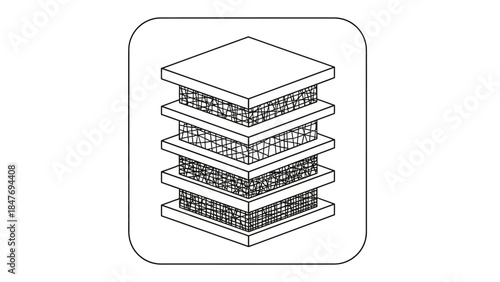 minimalist illustration of a modern multi-story office building with glass facades and layered