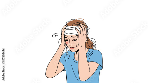 Woman with bandaged head experiencing pain and discomfort illustrating injury or illness
