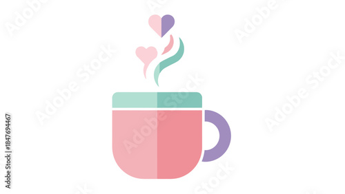 minimalist illustration of a pink coffee cup with steam rising and heart-shaped vapors in soft