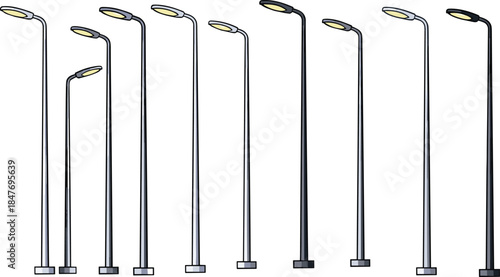Minimalist Curved Street Lamp Vector Collection, Modern Sleek Grayscale Silhouettes with LED Light, Urban Roadway and Pathway Illumination Design Elements Set.