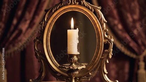 Lit candle reflected in ornate gold mirror with elegant vintage decor and warm atmospheric light