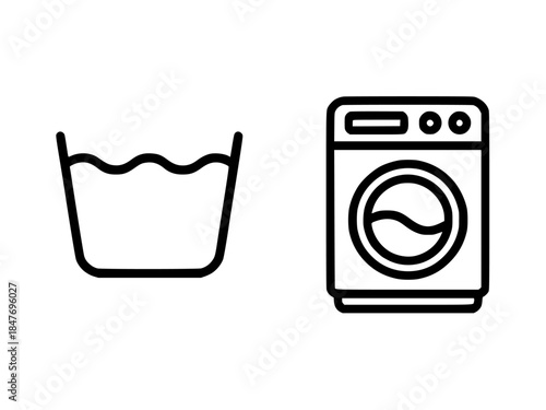 Laundry Care Icons — Washing Machine and Wash Tub Symbols. Black outline laundry icons showing a wash tub symbol and front-load washing machine for garment care, wash instructions, laundry apps