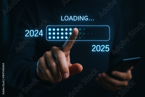 New year 2024 to 2025 transition concept with digital progress bar showing futuristic change and technology transformation