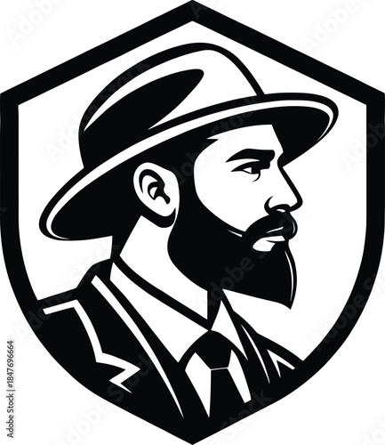 Black and white emblem of a bearded man in a hat and suit, side profile
