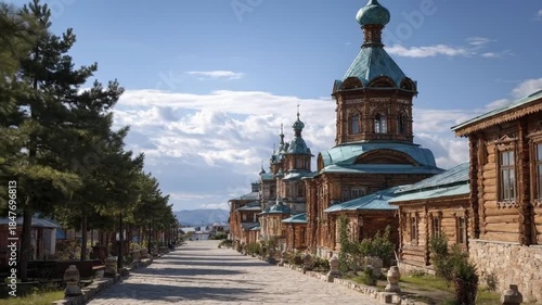 A serene and picturesque long shot showcases a traditional architectural complex, featuring an array of exquisitely crafted wooden log buildings. These structures boast intricate carved details and ar