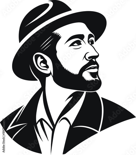 Portrait of a bearded man wearing a fedora hat, vintage style illustration