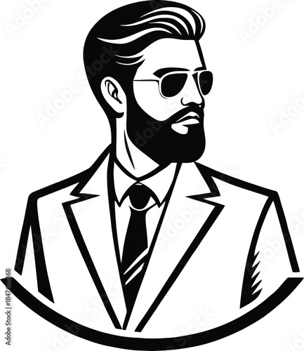 Stylish gentleman with beard and sunglasses in suit icon