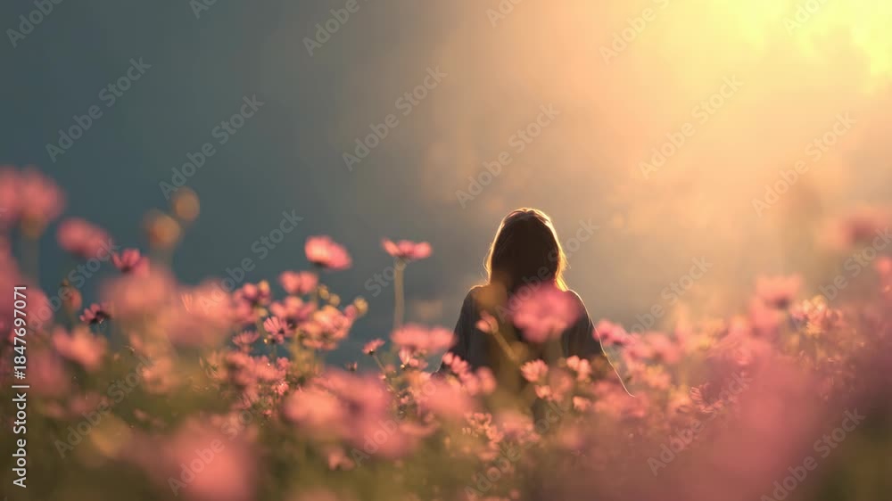 custom made wallpaper toronto digitalWoman standing with arms outstretched in a dreamy flower meadow, warm natural lighting, soft focus background, concept of freedom and peace