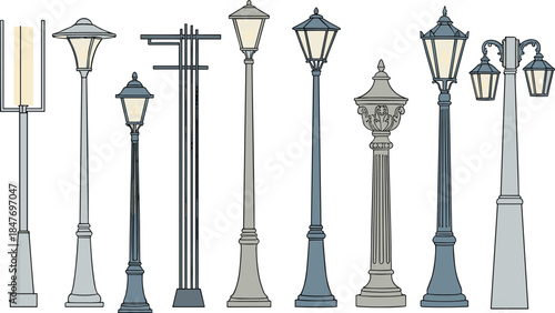 Collection of modern and vintage street lamp post illustrations with elegant urban lighting designs, isolated set for architecture, cityscape, and design projects