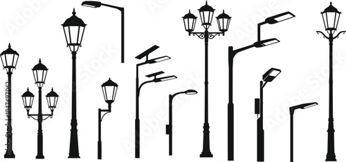 Collection of street light pole silhouettes with modern and vintage lamp designs, urban city lighting illustration, outdoor lantern shapes for design concept