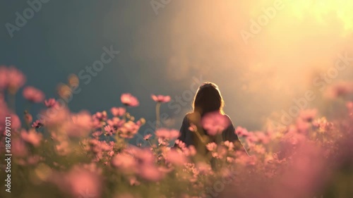 Wallpaper Mural Woman standing with arms outstretched in a dreamy flower meadow, warm natural lighting, soft focus background, concept of freedom and peace Torontodigital.ca