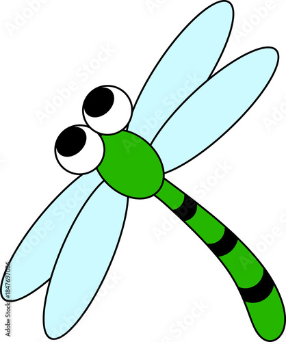 Cute Green Cartoon Dragonfly with Big Eyes