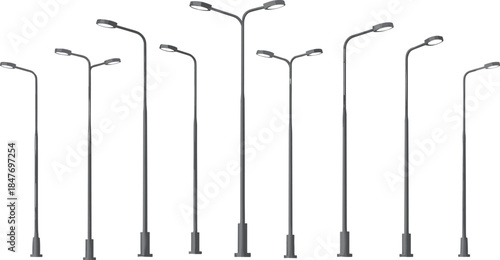 Modern urban street light poles collection, contemporary roadway lighting designs, minimalist lamp post silhouettes, city infrastructure illumination set, isolated illustration