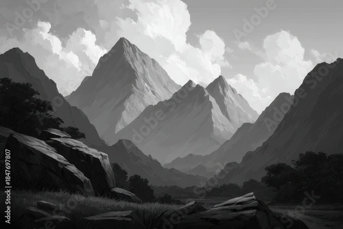 Draft Sketch Workflow concept. Majestic mountains under dramatic clouds in black and white.