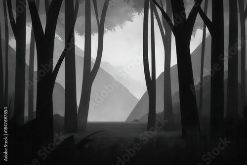 Draft Sketch Workflow concept. Misty forest scene with silhouetted trees in a monochrome landscape.