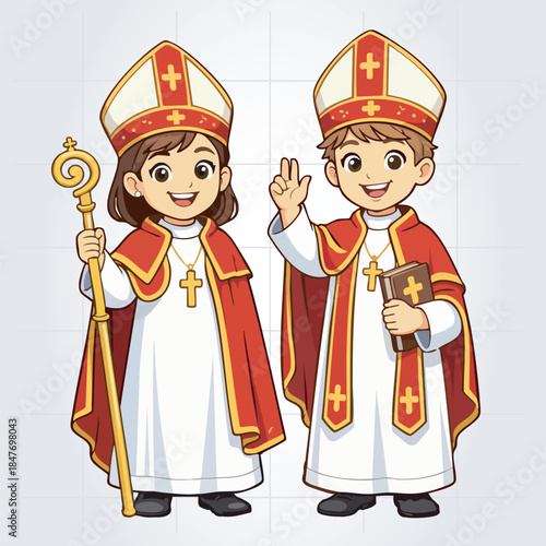 Bishop children in red and gold haracter Mascot Vector Template