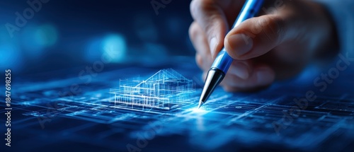 Draft Sketch Workflow concept. Digital blueprint creation with a hand drawing architectural plans.