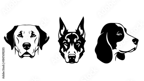Stylized Dog Faces Representing Labrador, Shepherd, Retriever, and Spaniel Breeds