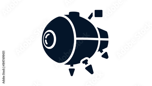 Minimalist Illustration of a Space Probe or Satellite in Solid Dark Blue Design