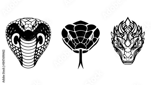 Stylized Snake Heads in Realistic, Geometric, and Tribal Designs