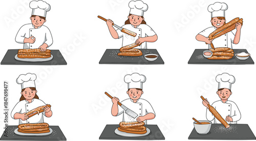 Professional Chefs Preparing and Serving Delicious Churros Pastry Dessert, Spanish Latin American Cuisine, Sweet Food, Baking Cartoon Vector Set