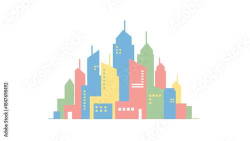 Minimalist Illustration of a Vibrant City Skyline with Tall Skyscrapers in Soft Pastel Colors on