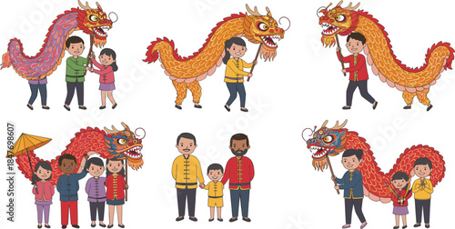 Happy Multicultural Families Celebrating Chinese Lunar New Year, Performing Dragon Dance, Traditional Festival Activities, and Asian Culture Cartoon Vector Set