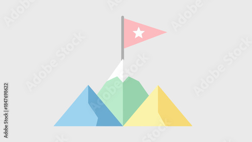 Minimalist Illustration of Colorful Mountain Peaks with a Flag on Top Conveys Adventure and
