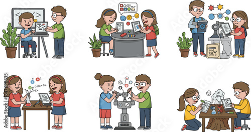 Diverse Children Learning STEM Subjects, Robotics, Coding, and Science Experiments, Collaborative Educational Activities, Future Skills Cartoon Vector Art